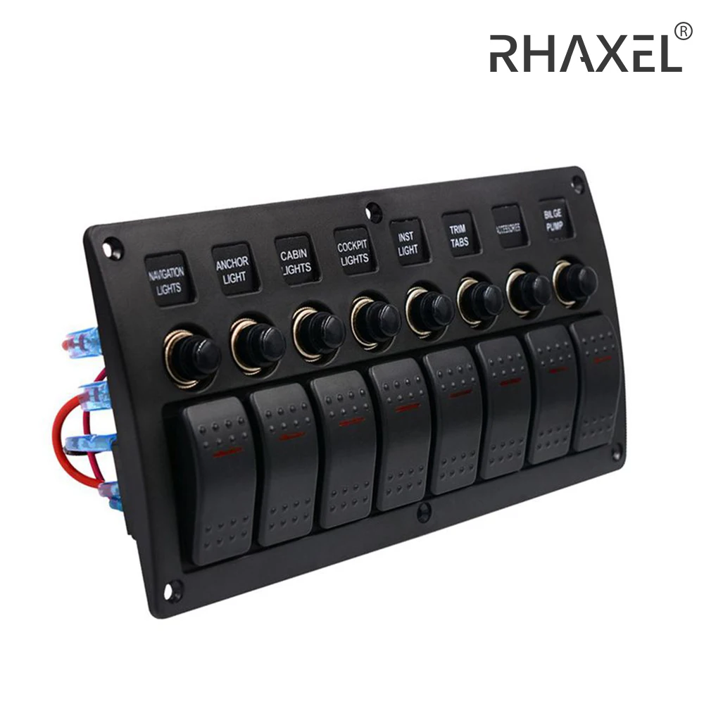 

RHAXEL 8 Gang LED Boat Rocker Switch Panel 12V 24V On-Off Boat Marine Car Yacht Camper Truck Trailer with Breakers