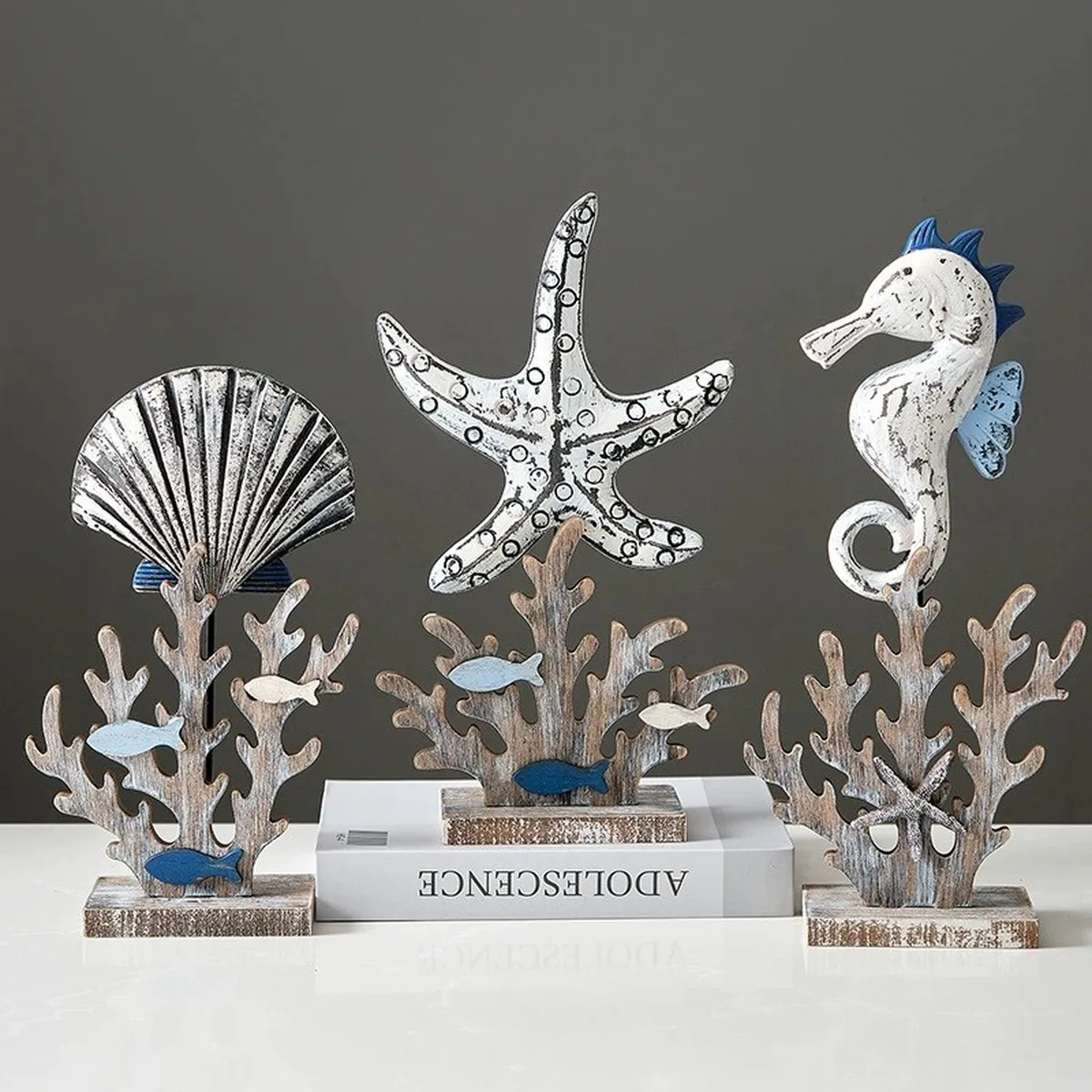 Mediterranean Wood Coral Fish Shell Decor Coastal Table Ornament Distressed Seahorse Starfish Home Accent