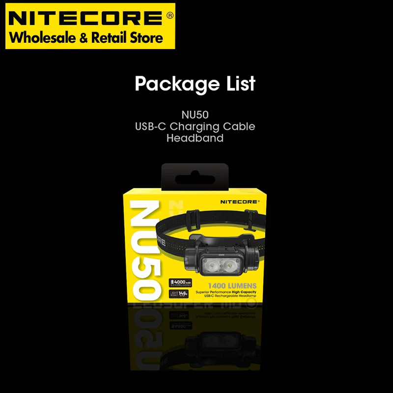 Cycling Light NITECORE NU50 1400 Lumen Lightweight USB-C Rechargeable Camping Headlamp Built-in 4000mAh Li-ion Battery