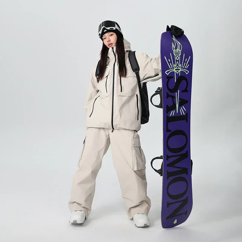 New Loose Winter Solid Breathable Waterproof Skiing Suit Set Woman Man Warm Snowboarding Sports Wear Resistant Ski Jacket Pants