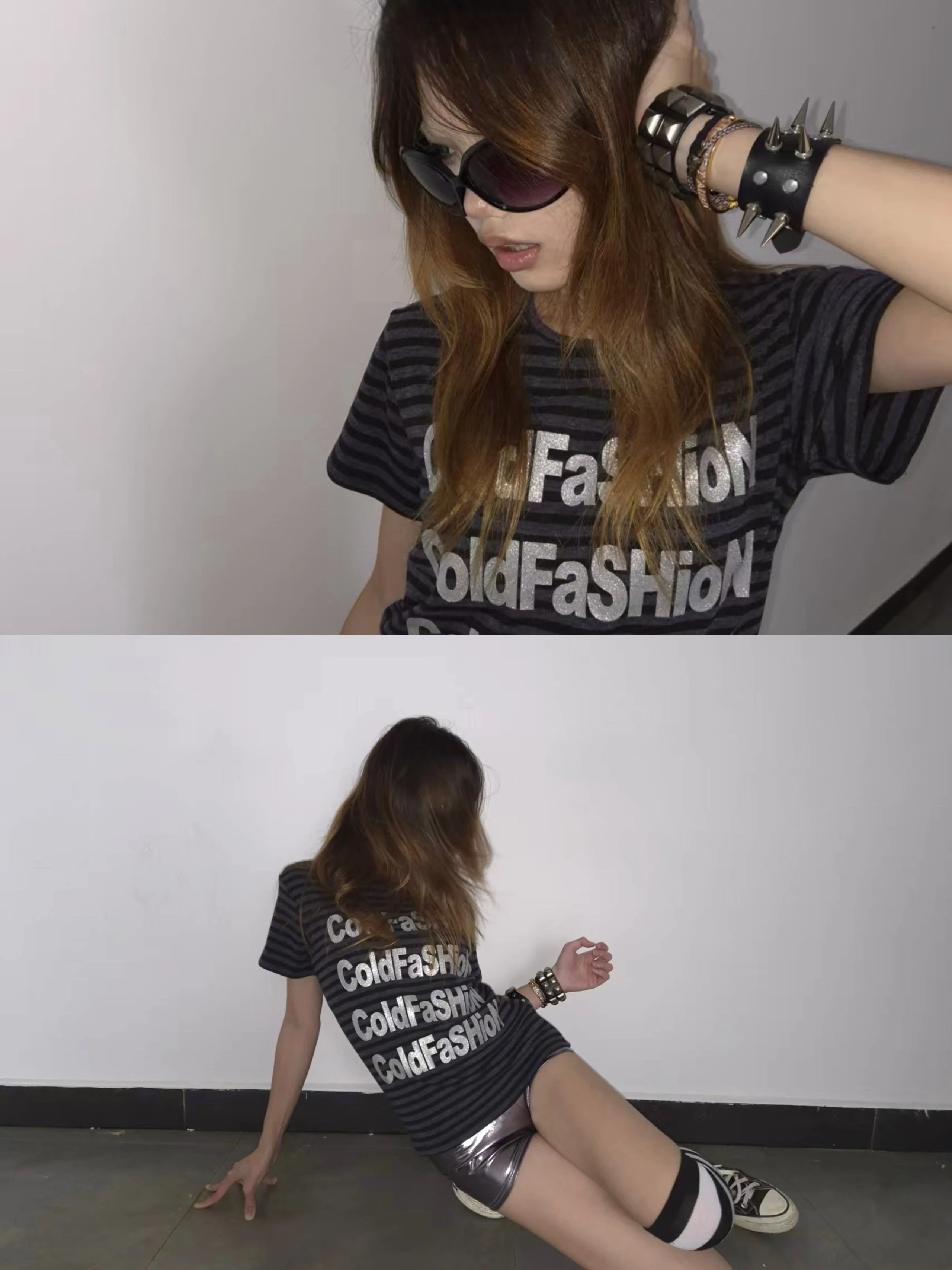 Karrcat Trashy Y2k T-Shirt mit Buchstaben-Aufdruck, Grunge-Ästhetik, kurzärmelig, gestreift, Vintage 2000er, Punk, Streetwear, amerikanischer Retro-Stil – Detail 4