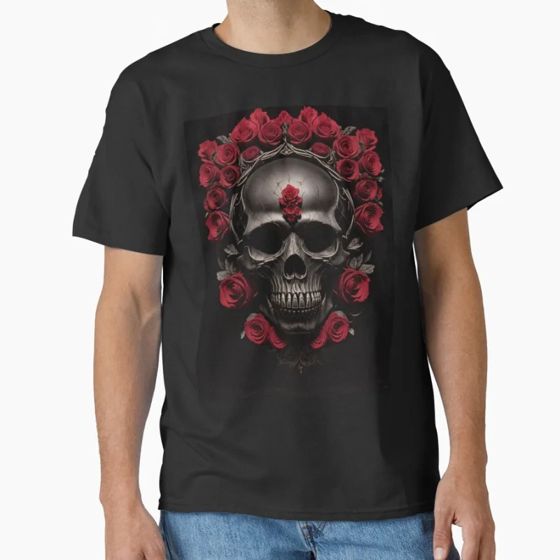 

Human skull made of red roses Old school devil Goth style Horror skeleton Halloween gift T shirt for men large size Adult Tops