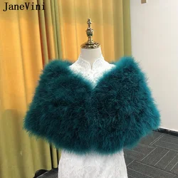 JaneVini Pfau Blau Straußen Federn Braut Schal Faux Pelz Cape Frauen Elfenbein Bolero Winter Braut Wraps Stolen Kleid Schal Etole