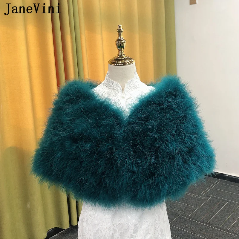 JaneVini Peacock Blue Ostrich Feathers Bridal Shawl Faux Fur Cape Women Ivory Bolero Winter Bride Wraps Stoles Dress Shawl Etole