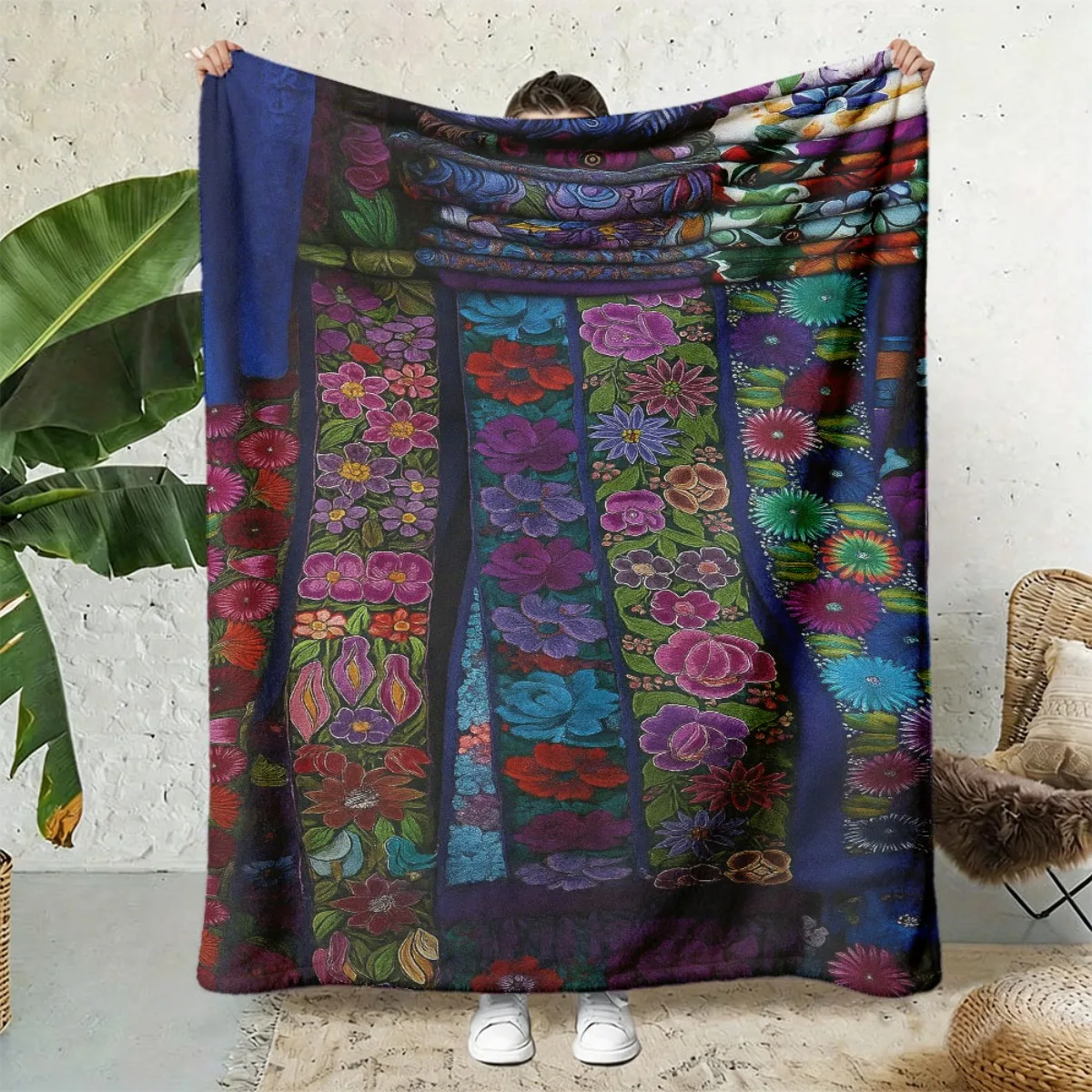 Mexican Ethnic Bright Multicolor Flower Embroidery Pattern Fleece Blanket Fit Living Bed Camping Travel All-season Household