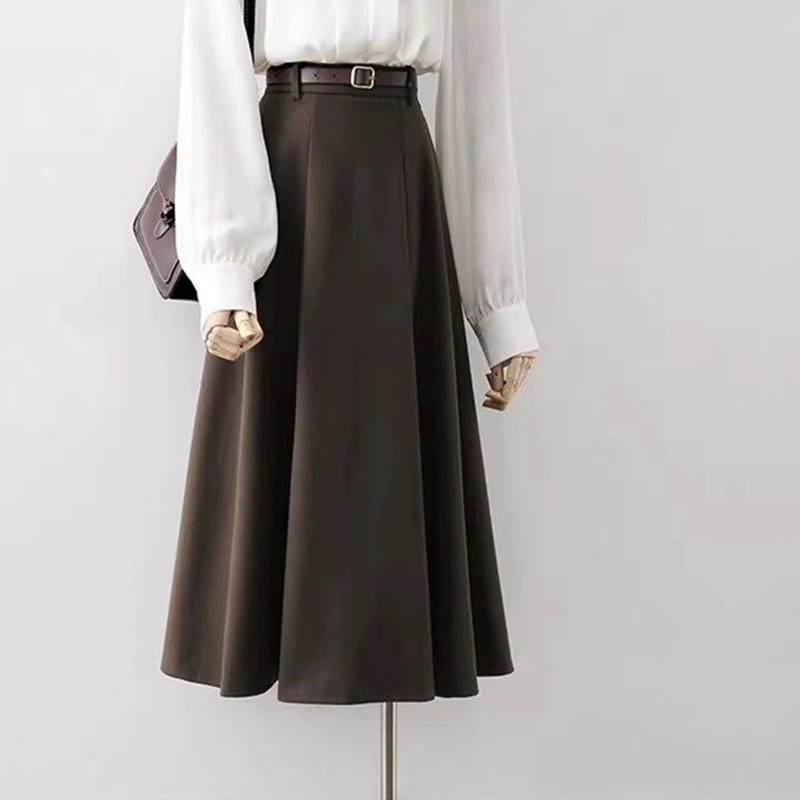 Vintage Riem Wollen Midi Rok Vrouwen Zwarte Geplooide Rokken Herfst Winter Dames Koreaanse Elegante Hoge Taille Allemaal Overeenkomen Met Een Lijn Rok