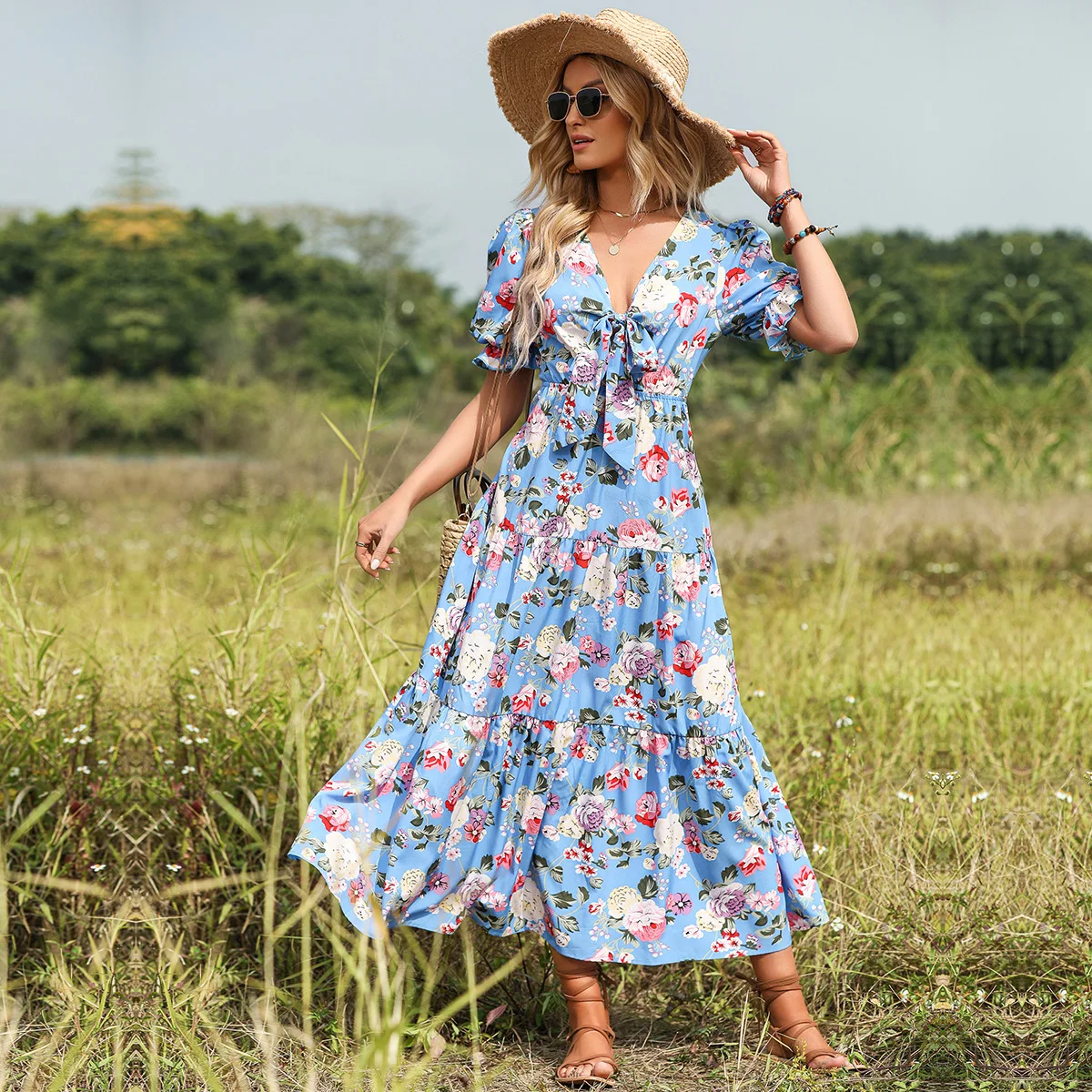 

Marwin 2023 New Summer Dress V-Neck Bow High Street Style Print A-line Ankle Length Puff Sleeve Dresses For Women Vestidos