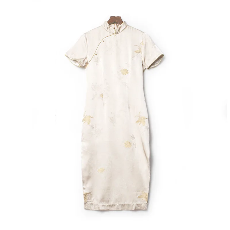 Soteil Retro National Style Short Sleeve Stand Collar Golden Flower Cheongsam Dress