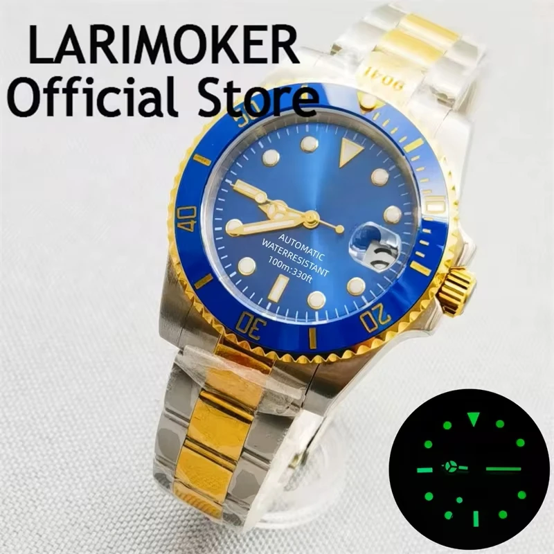 LARIMOKER 40mm TwoTone Gold Case Self Winding Men Watch Sapphire Crystal NH35 PT5000 Movement blue Dial stainless steel Strap