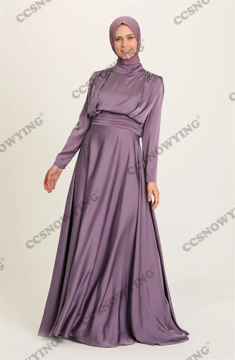 Glossy Satin Beaded Long Sleeve Muslim Hijab Evening Dresses Islamic Formal Party Gown Women Arabic Kaftan Robe De Soiree