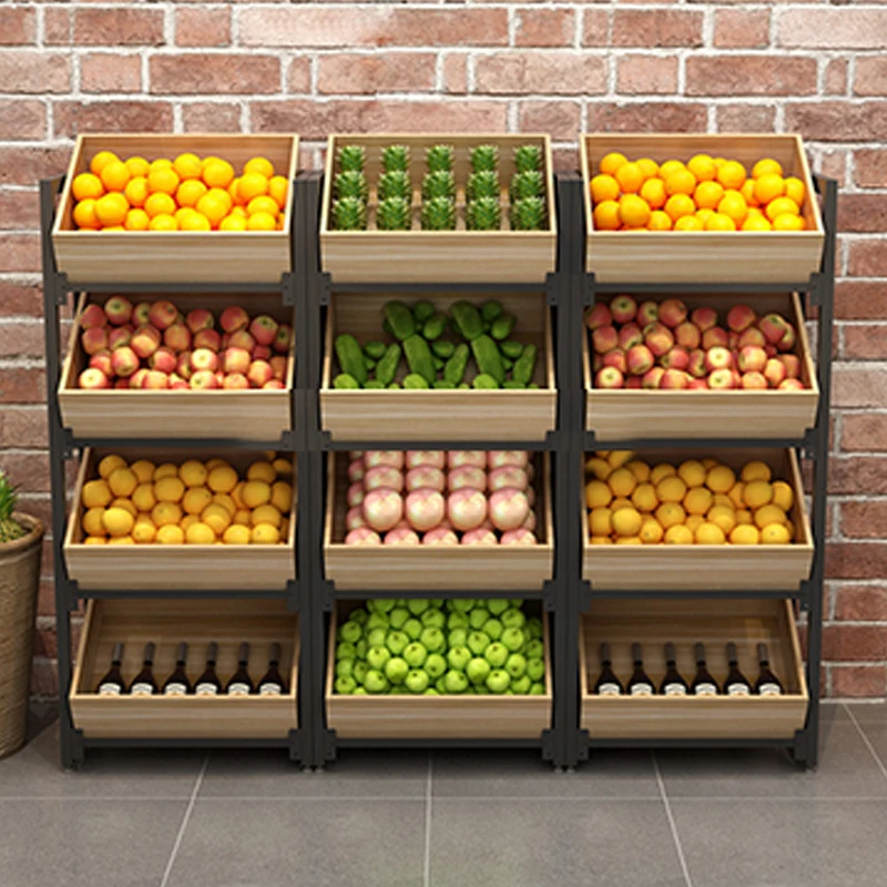 

Customized supermarket grocery vegetable and fruit display rack wooden box dried fruit snack display rack