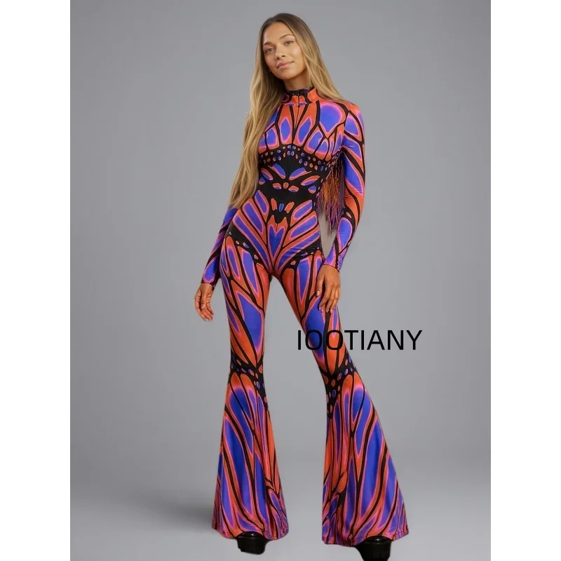 Damen-Jumpsuit mit ausgestellten Schlaghosenbeinen, geometrischem Schmetterlings-Skelett-Muster, figurbetont, Catsuit, Festival-, Rave-, Halloween-Cosplay-Outfit – Detail 13