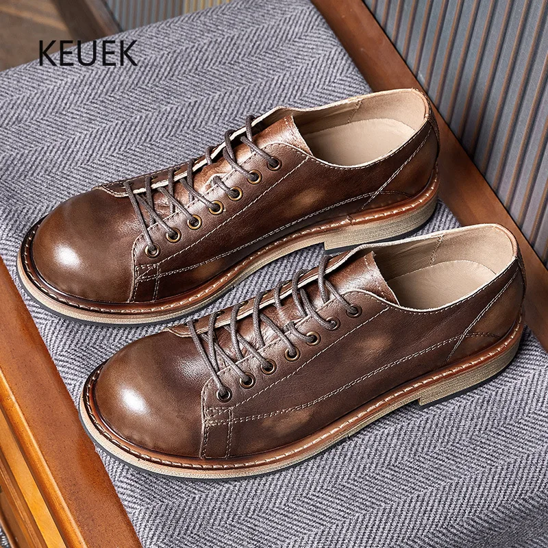 

New Fashion Men Derby Shoes Genuine Leather Lace-up Vintage Business Dress Shoes British Casual Leather Oxford Shoes