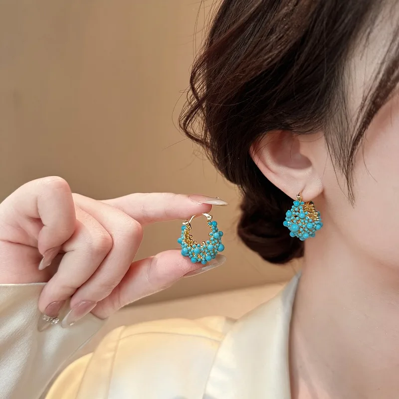 Korean New Design Fashion Jewelry 14K Gold plated Blue Beads Basket Earrings Elegant Women Daily Work Accessories