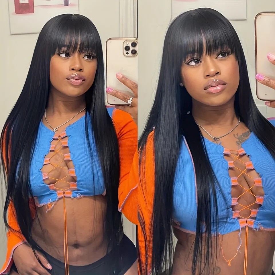 3X1 Middle Part Lace Wig Bone Straight Human Hair Wigs With Bangs Glueless Wig Human Hair Ready To Wear And Go 100% Human Hair