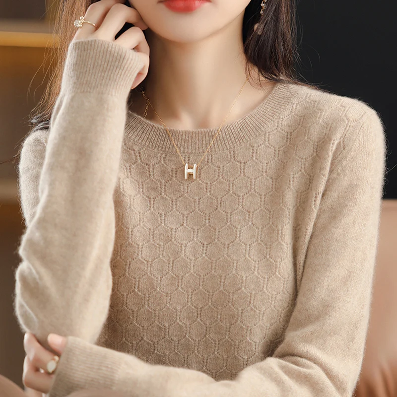 100% Wool Sweater Women Hollow Out Tops Autumn Winter O-neck Long Sleeve Knitted Fashion Female Pullover Casual Clothing Jumper