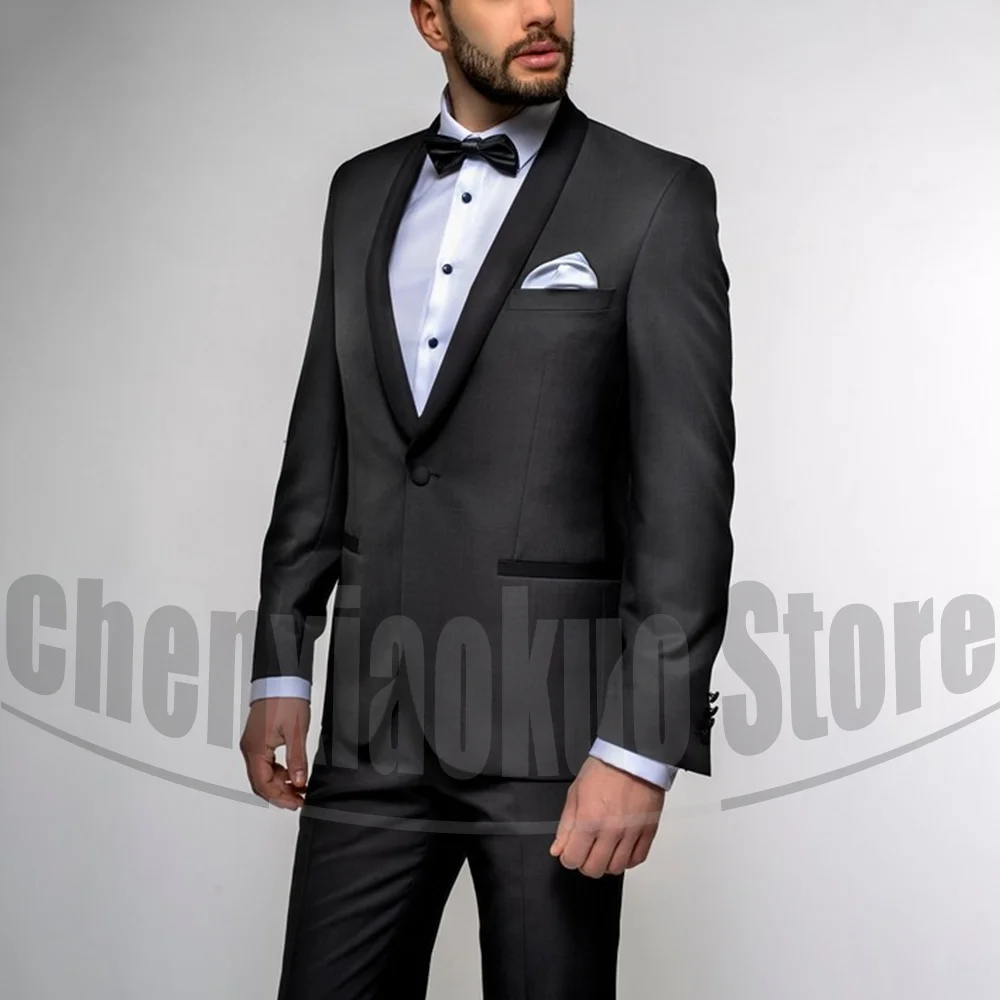

Black Men's Suit Set Chic Shawl Lape One Button Clothing 2 Piece Slim Fashion Formal Groom Wedding Prom Party Male Suit