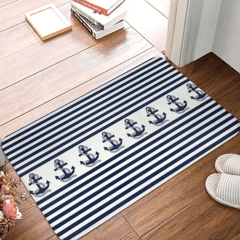 

Custom Nautical Stripes With Navy Blue Anchor Doormat Mat Anti-Slip Sailing Sailor Bathroom Kitchen Balcony Rug Carpet 40*60cm
