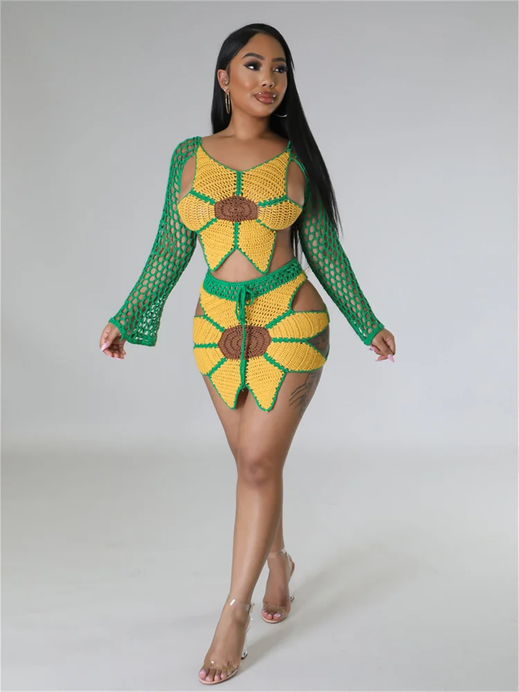 

Whatiwear Beach Party Fashion 2 Piece Sets Crochet Sunflower Backless Hollow Tops+Skinny Irregular Skirt Vacation Trend Suits