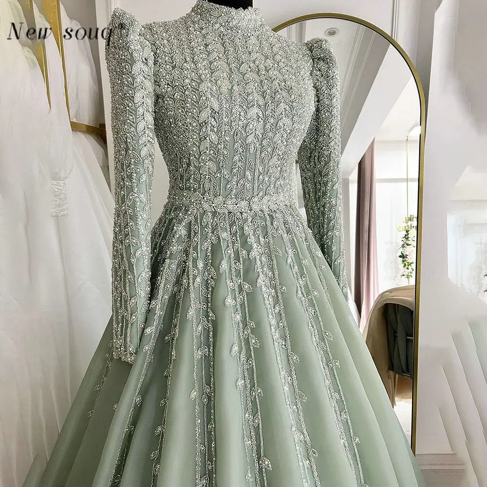 Dubai Arabic Sage Green A Line Beaded Evening Dresses Long Sleeves Muslim High Neck Formal Prom Pageant Gows for Women Weddings