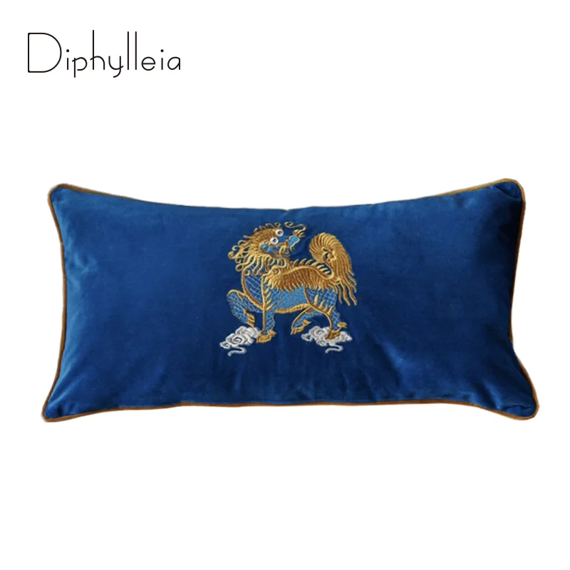 Diphylleia Luxury Mythological Creature Kirin Embroidery Cushion CoverChinoiserie Folk Art Lumbar Pillow Case For Sofa Couch Bed
