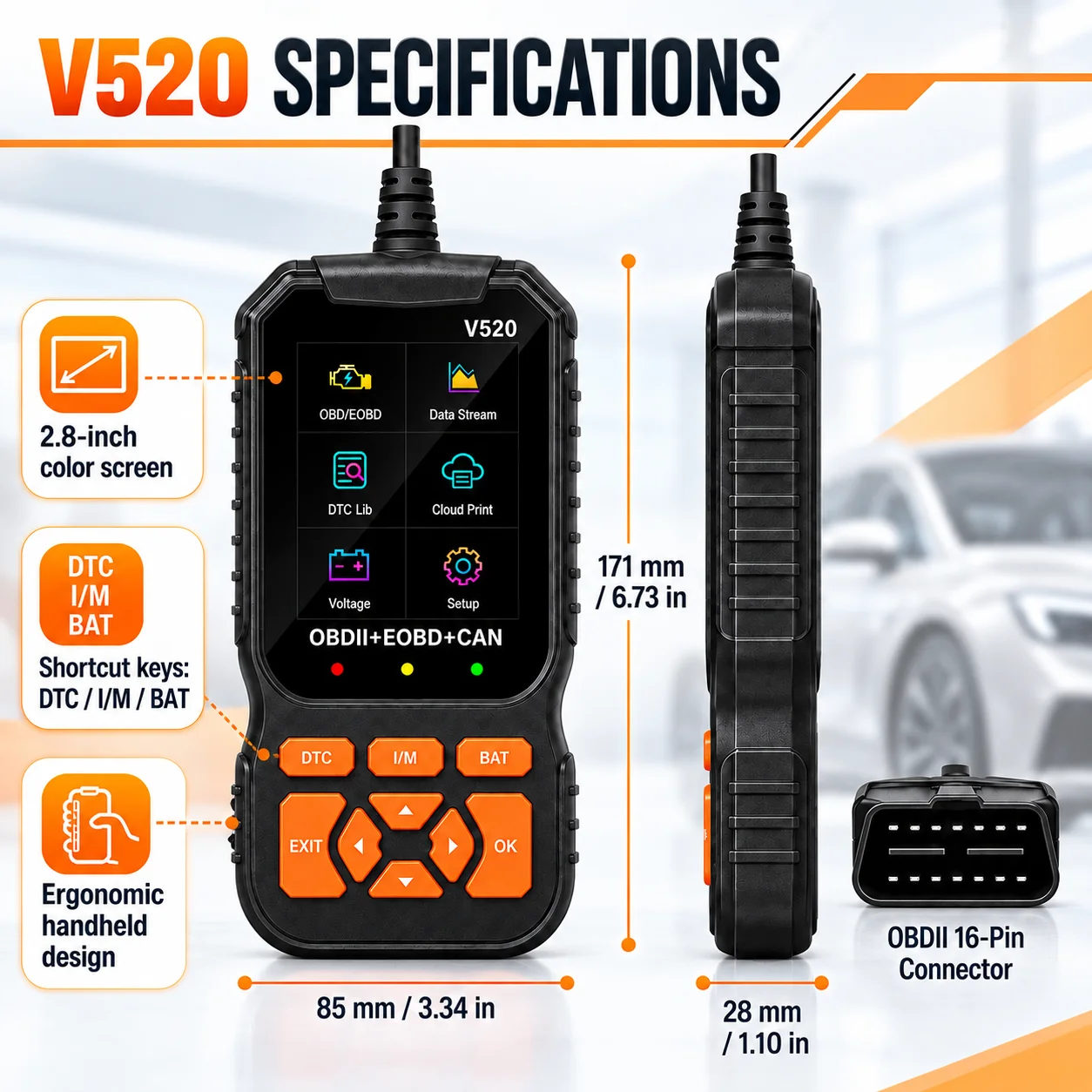 2026 V520 Obd2 Scanner, Professional Car Diagnostic Tool, Engine Fault Code Reader, Real-Time Data, Code Reset, 8-Language Obdii