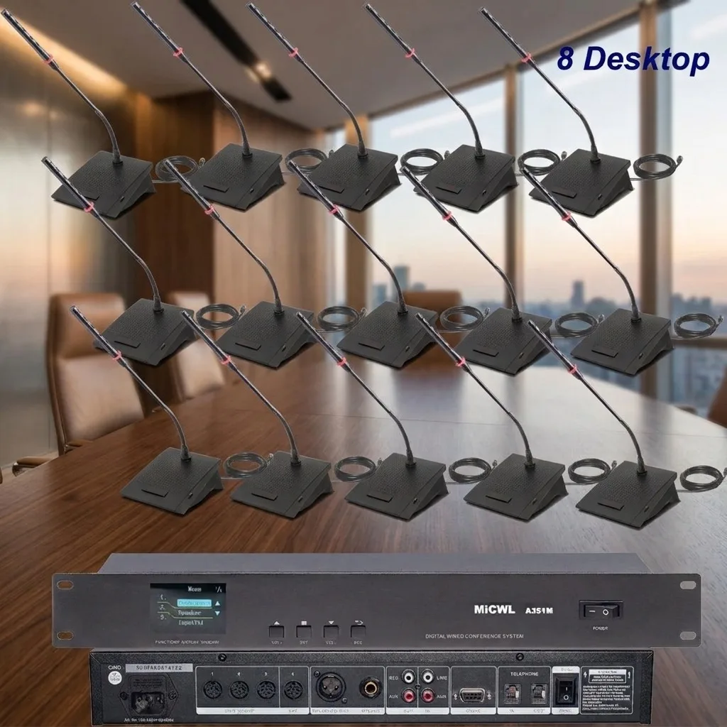 Professional 8-Table Gooseneck Microphone Wired Digital System with 10m Cable, Desk Mic Built-in Double Speaker for Conference