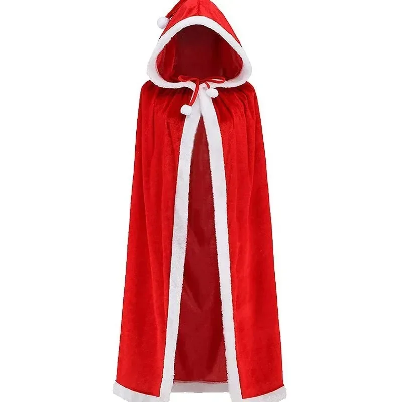 Christmas Cloak Red Velvet White Fur Trim Hooded Long Christmas Cloak Pom Pom Multi Size Cape Adults Xmas Party Costume Outfit