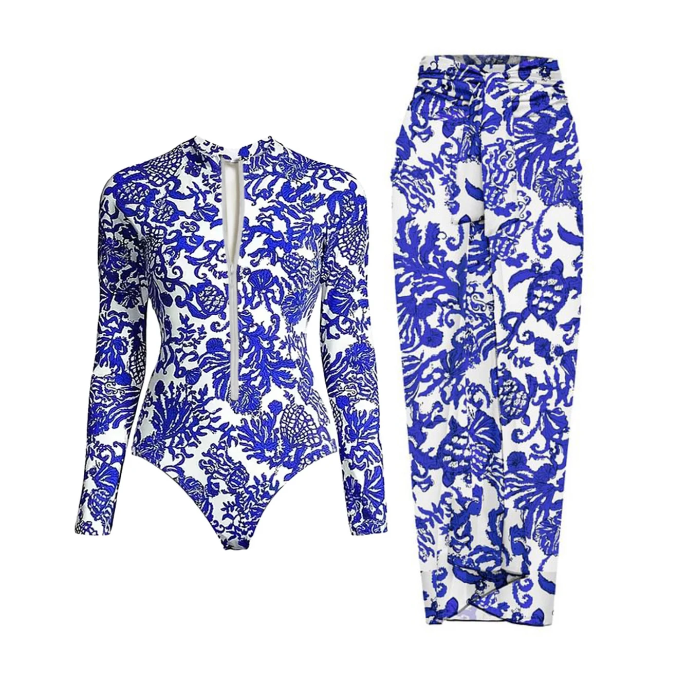 Black And Printed Long Sleeve Swimsuit With Cover Up Sexy Swimwear Women Surf Swim Suit Slimming Bathingsuit Bodysuit Beachwear