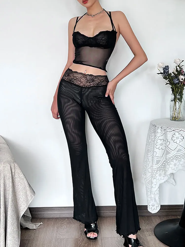 GACVGA Mesh Sheer Lace Stitching Crop Top And Flare Pants Women Y2k Summer See Through Sexy Club Party Two Piece Pants Set