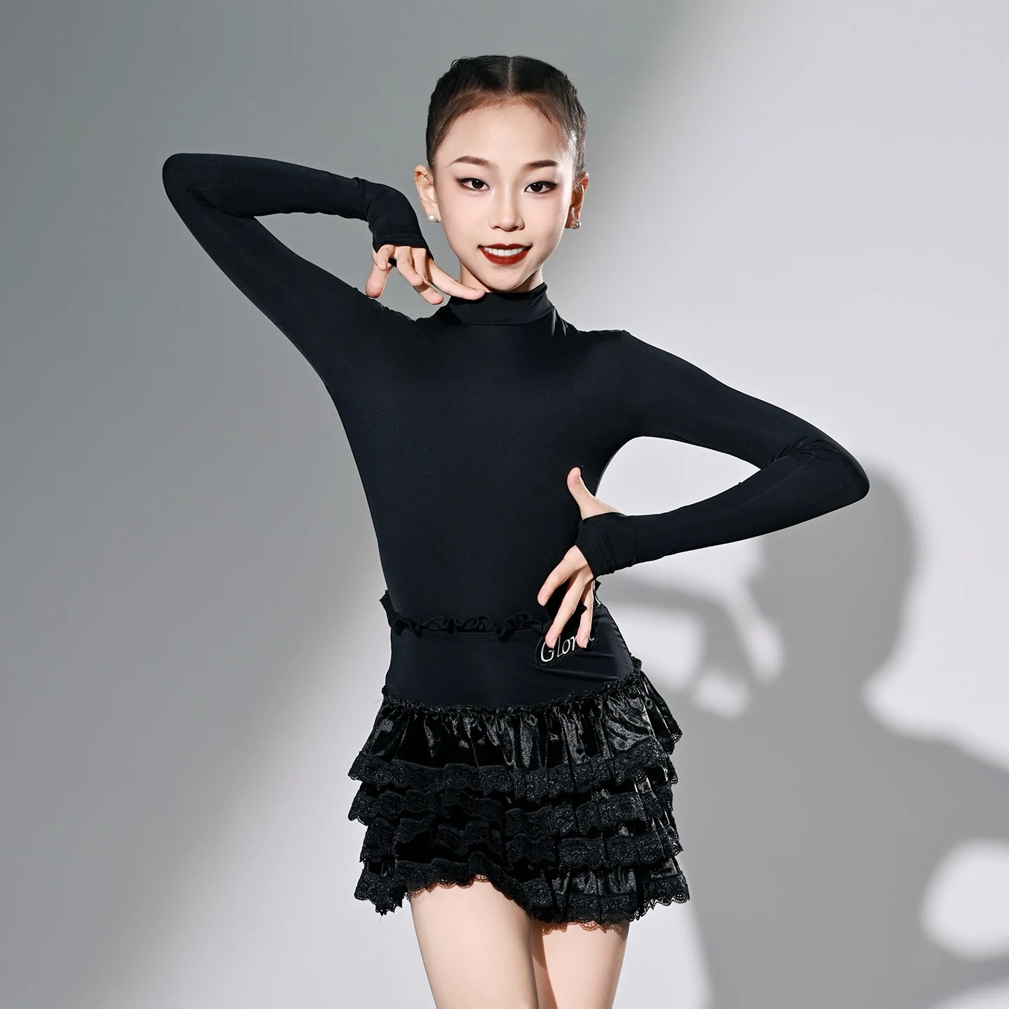 2025 High Neck Long Sleeved Top Cake Skirt Practice Suit Latin Dance Performance Costumes For Girls Chacha Latin Wear XH3196