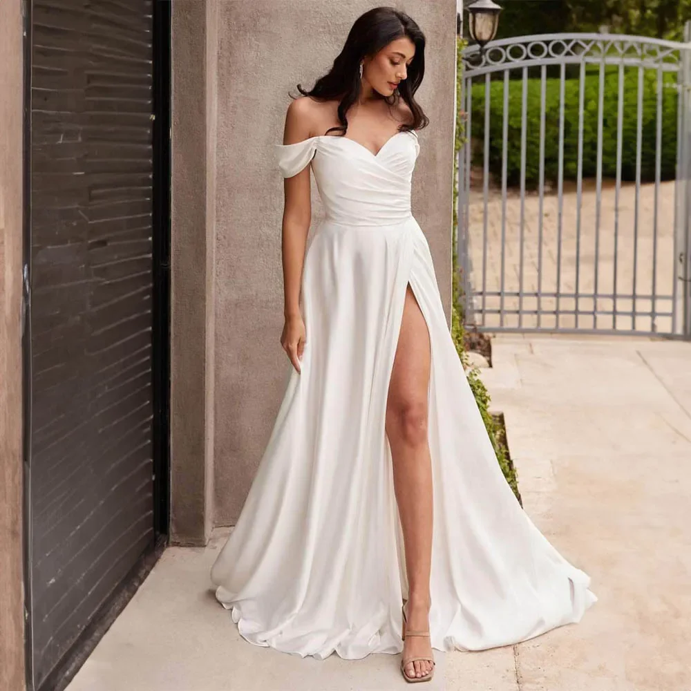 

Flavinke Simple Off Shoulder Pleated Wedding Dresses with Side Split Backless A-line Court Bridal Gown vestido de novia 2024