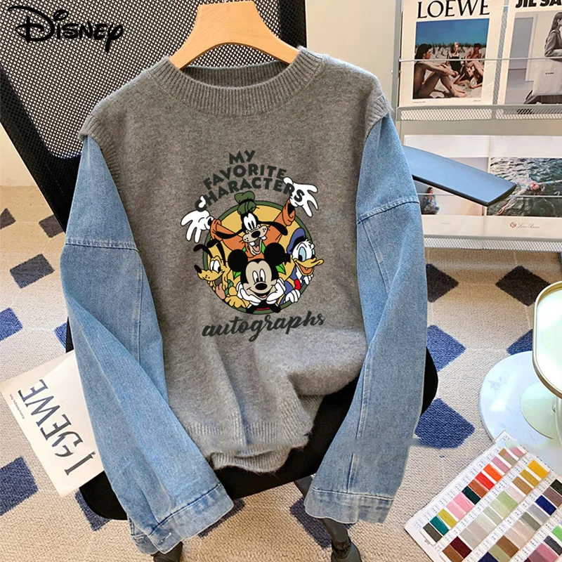 

Новое поступление Disney, модный повседневный хлопковый пуловер в полоску с Микки Маусом, осенне-зимние тяжелые плюшевые свитера с круглым вырезом