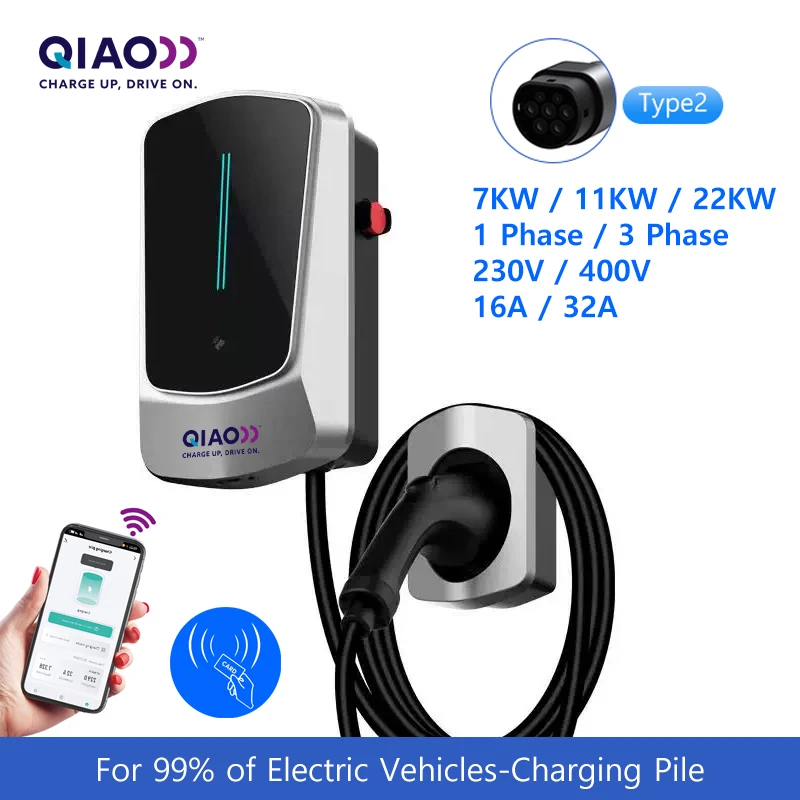 

QIAO Level 2 EV Charger 7KW 11KW 22KW 5 Meters APP Control EV Fast Charge Station Type 2 Electric Vehicle Charging Equipment