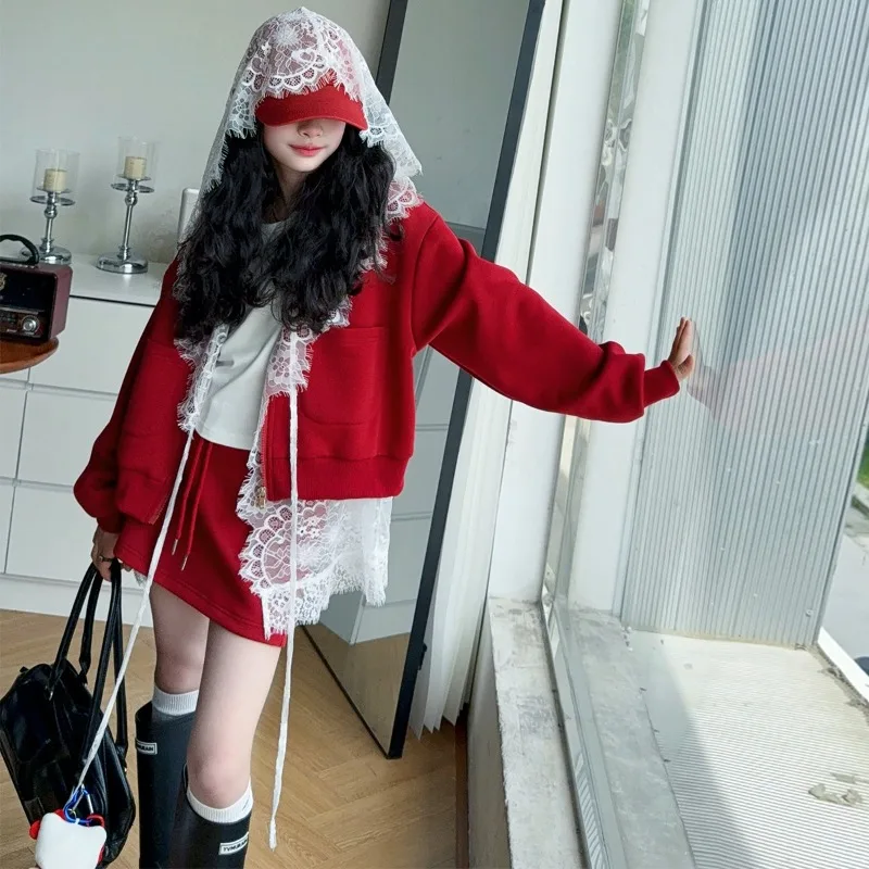 

Girls' Korean Version of Lace Splicing Hooded Cardigan + Long-sleeved Sweater Jacket + High-waisted Skirt Set 2025 Autumn New