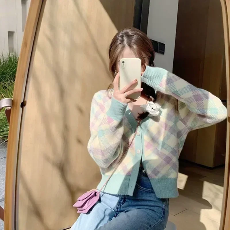 

Sweet All-match Fashion Knitting Cardigan Coat Women Autumn Winter Loose Plaid Long Sleeve Sweater Casual V-neck Knitting Tops