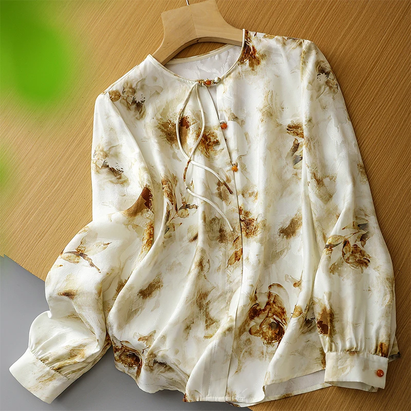 100% Mulberry Silk Women Long Sleeve Shirt Camel Printed Chinese Style Casual Top Blouse Pullover  M L XL ZZ002