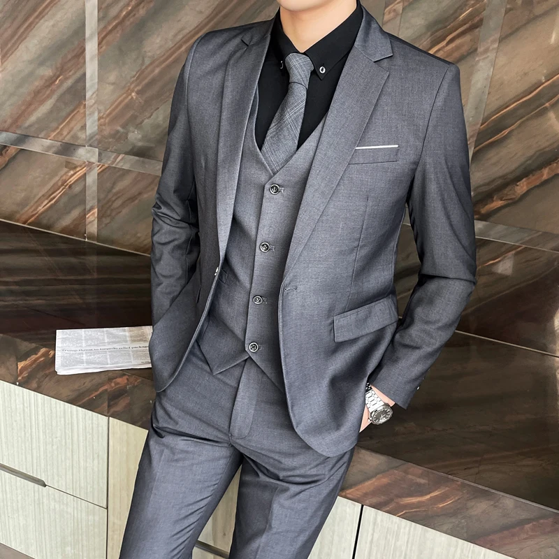 Four seasons classic solid color (suit + vest + trousers) wedding suit Fashion business handsome casual three-piece set