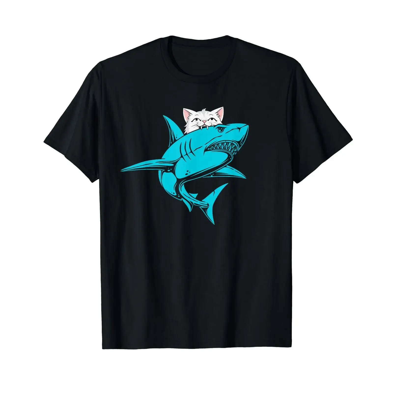 Cat Bites Shark Funny Humorous T Shirt black vintage Washed streetwear Unisex fashion graphic Comfortable Versatile Soft homme