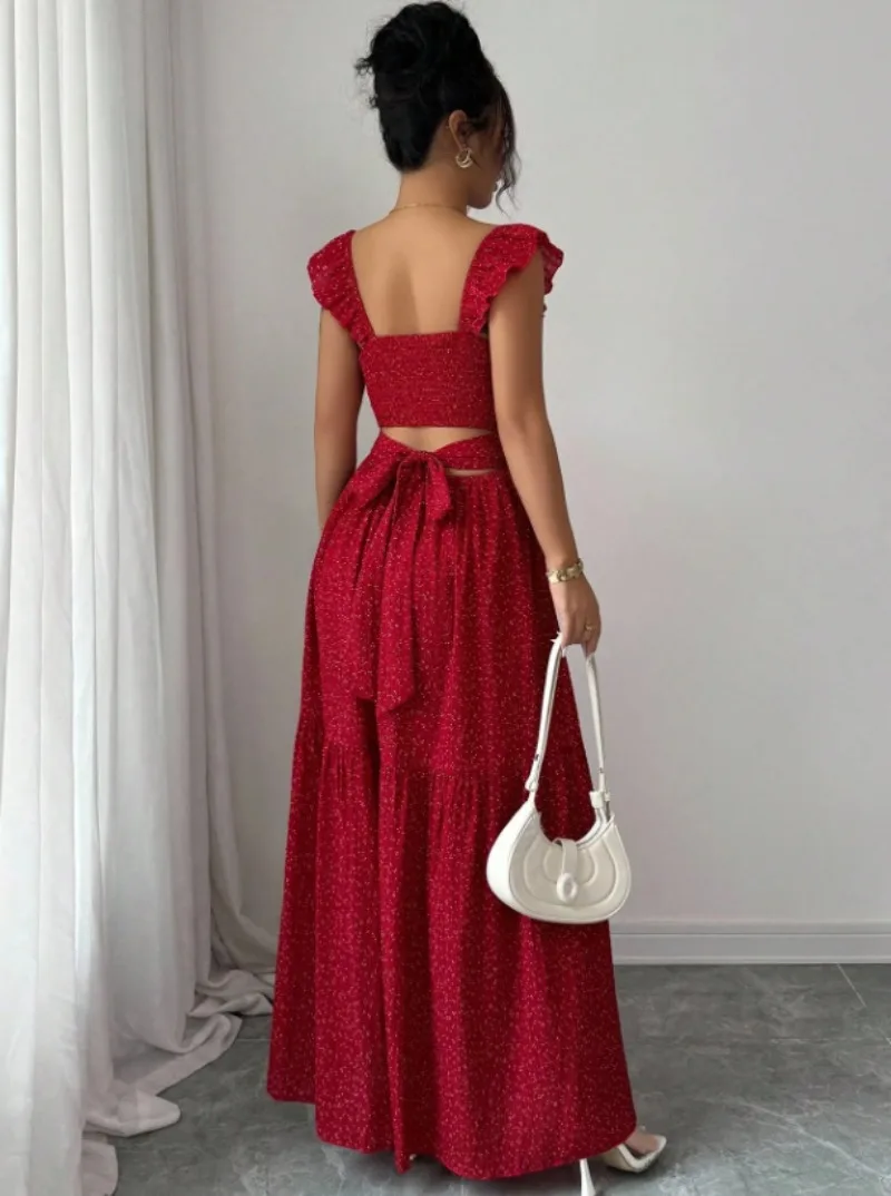 Damen Maxikleid mit Polka Dots, Rüschen, Cut-Outs und Schleife, gestuftes langes Kleid für Sommer, Strandurlaub, Party-Outfit – Detail 7