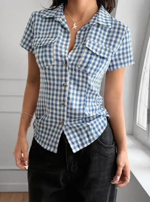 Women's Y2K Plaid Short Sleeve Button down Shirt Spicy Girl Style Autumn Winter Retro Fashion Clothing