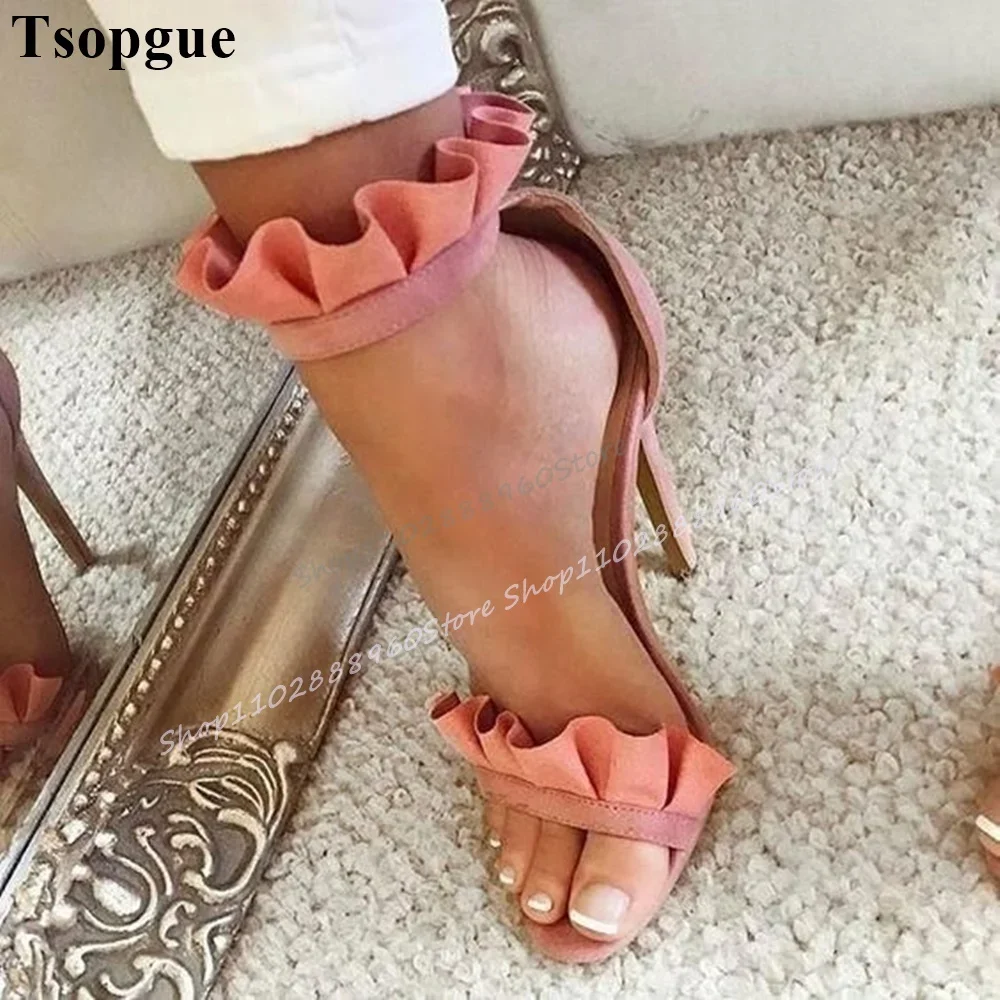 

Trendy Solid Flock Ruffles Sandals Thin High Heel Shoes For Women Ankle Buckle Strap Open Toe 2025 Fashion Zapatos Para Mujere