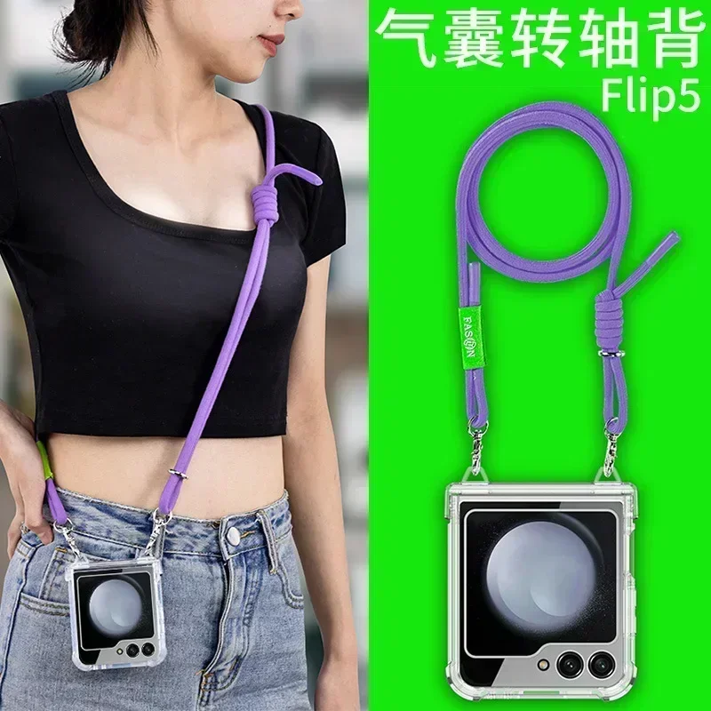 

Airbag Anti Fall Shoulder Strap Lanyard Shell For Samsung Galaxy Z Flip 6/5/4/3 Case Rotating Shaft Transparent Z Flip6 Cover