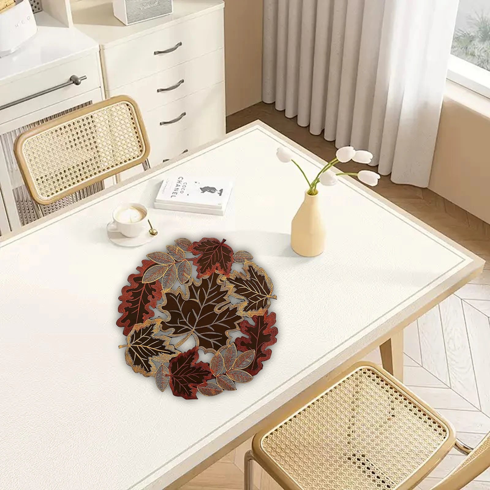 Embroidered Thanksgiving Placemat W/ Lace Maple Leaf Pattern Table Mat Round Fall Table Mat for Home Party Kitchen Dining Decor