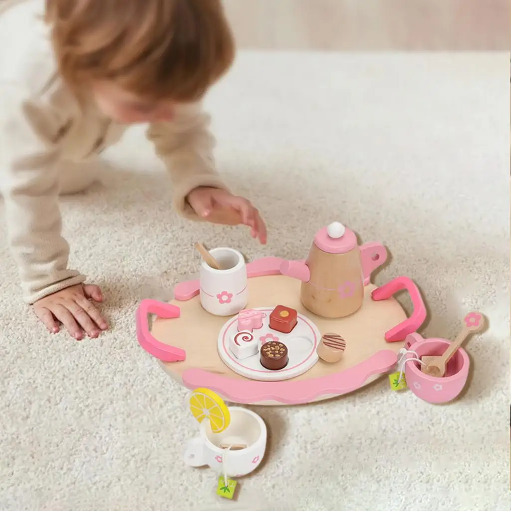 

Toddlers Tea Set Princess Tea Time Toys Simulation Educational Afternoon Tea Playset Wooden Tea Party Set for Children Girls