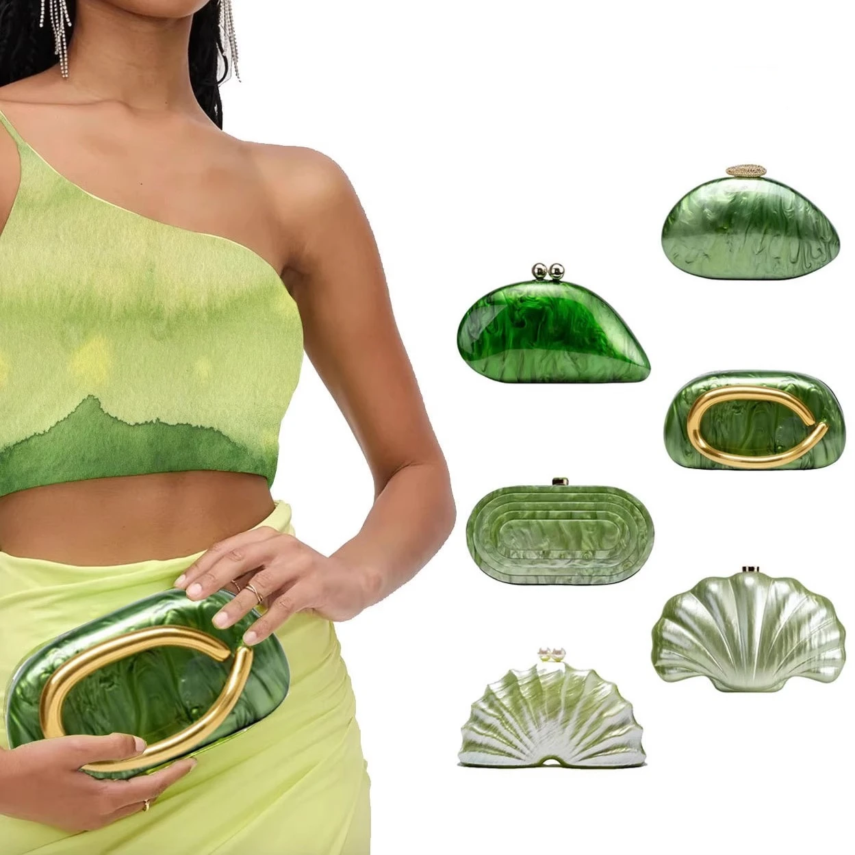 

New Women's Fresh Green Color Shoulder Bag Adult Girls Shaped Shell Acrylic Handbag Adult Wedding Party Banquet Bag