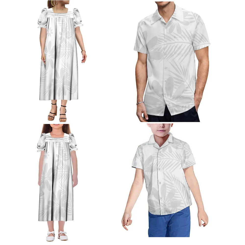 Customized Hawaiian Beach Party Family Set Momu Dress For Girls White Sunday Shirt For Boys Polynesian Samoa Style