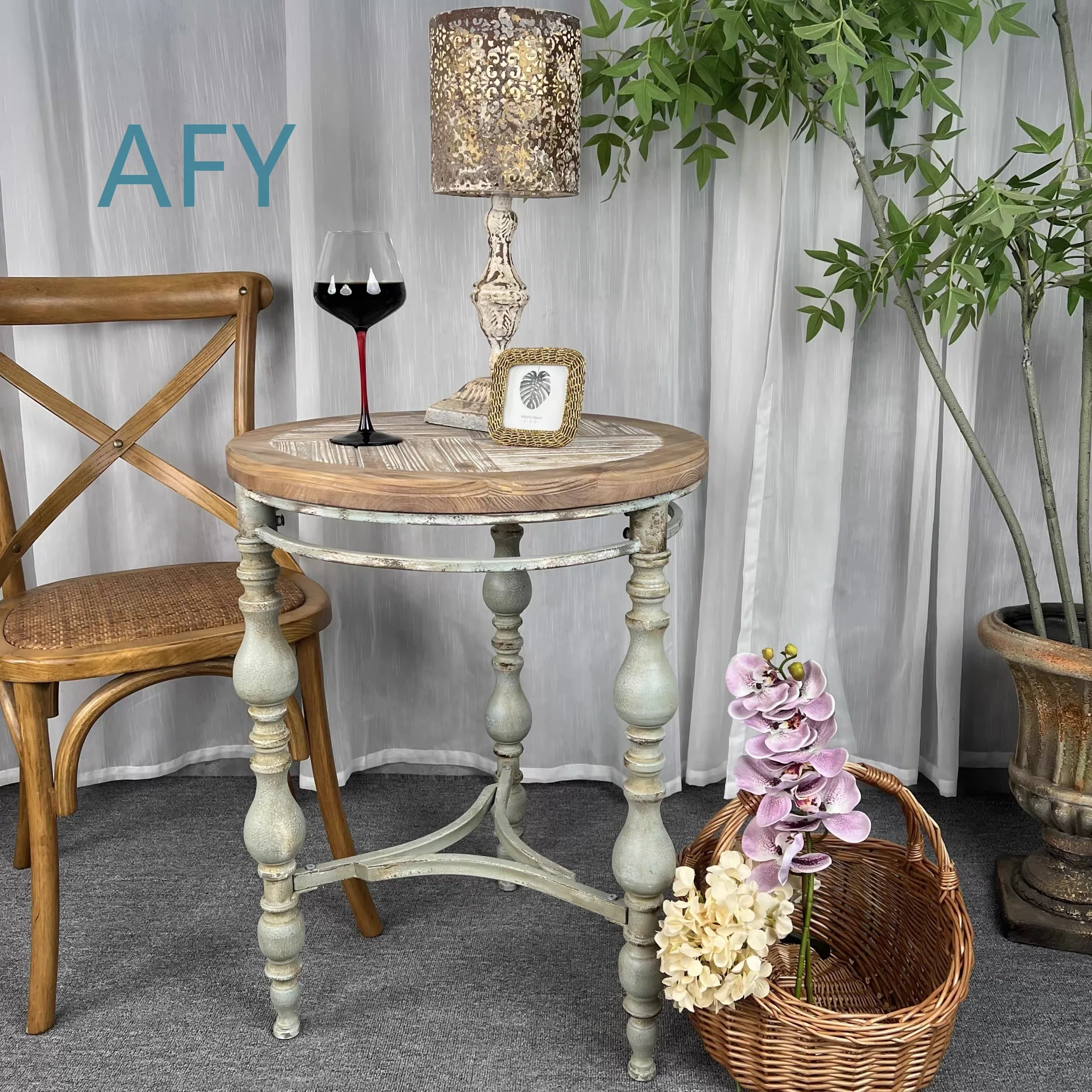 Rustic Round Side Table for Reclaimed Wood Top Distressed Iron Legs Farmhouse Vintage Style Living Room Bedroom Decor 21 x 28
