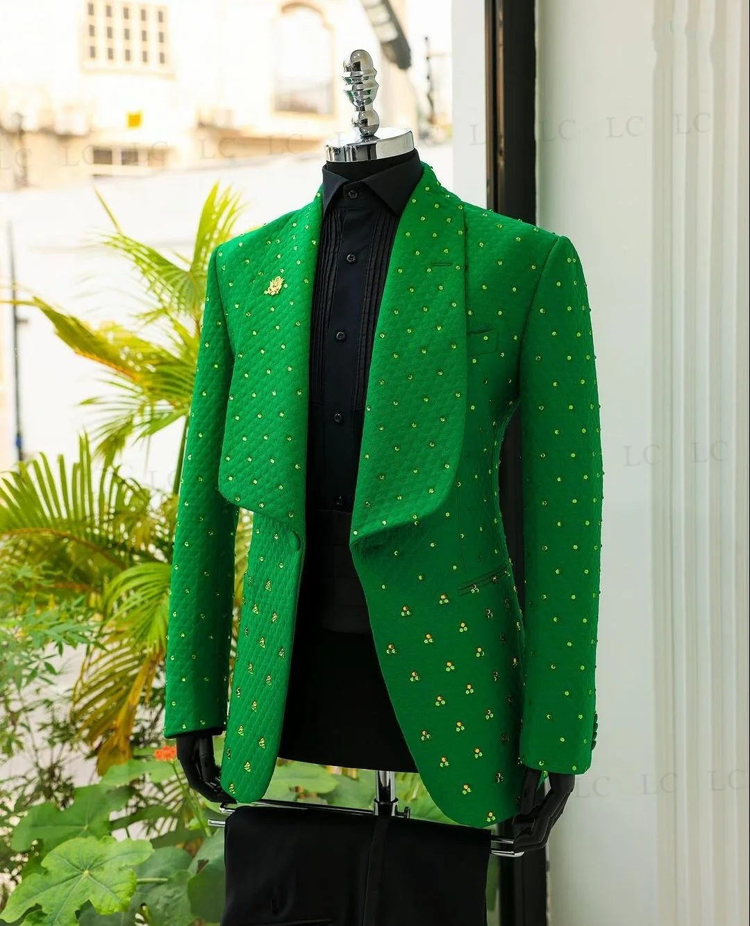 Traje con cuentas de diamantes verdes para hombre, esmoquin de solapa ancha, ropa de trabajo Formal para novio, boda, graduación, talla grande, 2 piezas