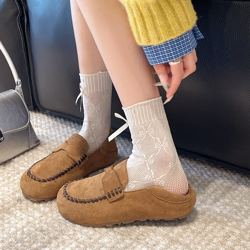 

Осенние новые осенние туфли на плоской подошве с круглым носком и глубоким вырезом, замшевые, на мягкой подошве, противоскользящие, износостойкие одинарные туфли